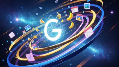 Google logo surrounded by icons and bananas in a cosmic setting.