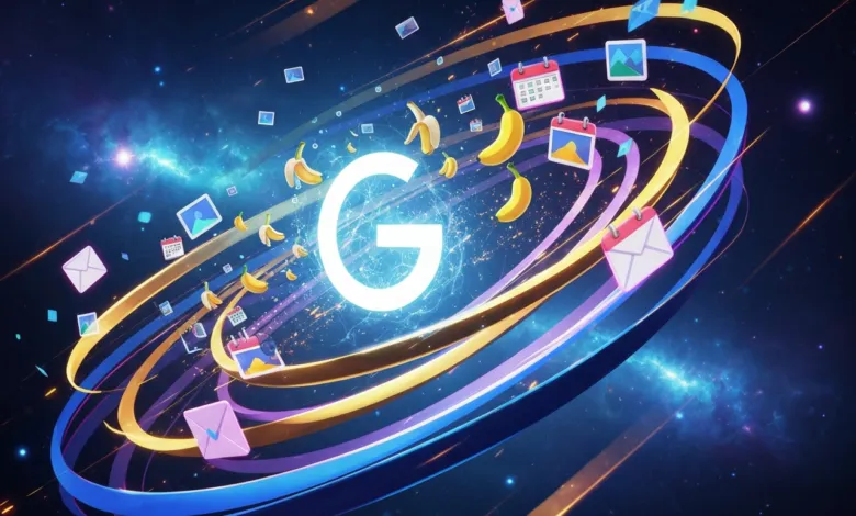 Google logo surrounded by icons and bananas in a cosmic setting.