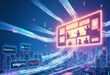 Futuristic city with streaming data and video call interface overlay.