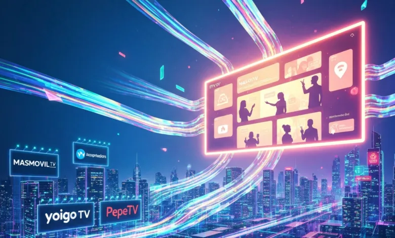 Futuristic city with streaming data and video call interface overlay.