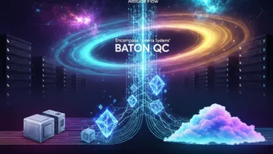 Abstract data flow visualization with servers, cubes, and a cloud.