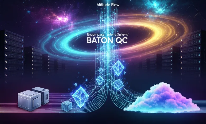 Abstract data flow visualization with servers, cubes, and a cloud.