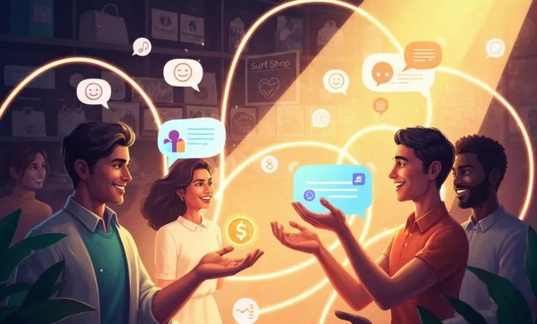 Diverse group interacting with digital icons, representing connection and communication.