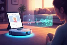 Smart home setup with robot vacuum, tablet showing elderly woman, and health data display.