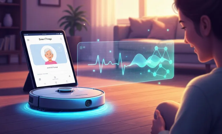 Smart home setup with robot vacuum, tablet showing elderly woman, and health data display.
