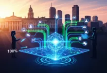 Futuristic cityscape with digital connections, data flow, and silhouettes.