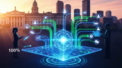 Futuristic cityscape with digital connections, data flow, and silhouettes.