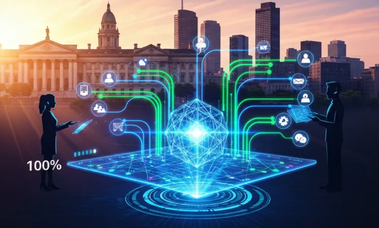 Futuristic cityscape with digital connections, data flow, and silhouettes.