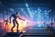 Robots on platforms in a futuristic factory with a glowing network diagram.