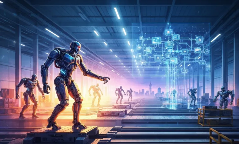 Robots on platforms in a futuristic factory with a glowing network diagram.