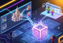 Digital scene with avatars, architectural designs, and glowing cube.