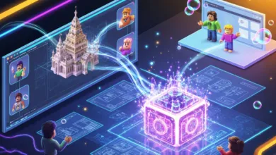 Digital scene with avatars, architectural designs, and glowing cube.
