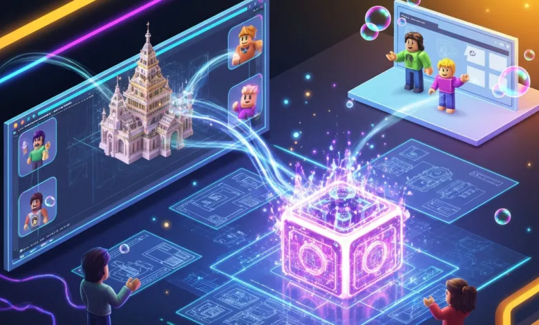 Digital scene with avatars, architectural designs, and glowing cube.