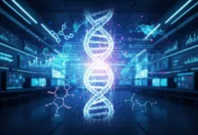 Glowing DNA double helix with molecular structures and data visualizations in a blue-lit lab.