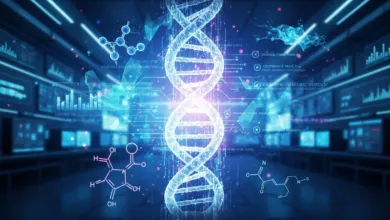 Glowing DNA double helix with molecular structures and data visualizations in a blue-lit lab.