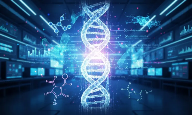 Glowing DNA double helix with molecular structures and data visualizations in a blue-lit lab.