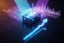 Futuristic data center with circuit board city and upward arrow.