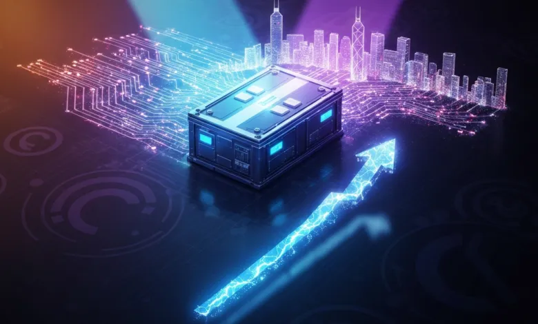 Futuristic data center with circuit board city and upward arrow.