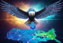Digital eagle with city skyline, dollar sign, and map of USA and Europe.