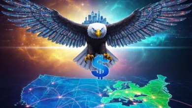 Digital eagle with city skyline, dollar sign, and map of USA and Europe.