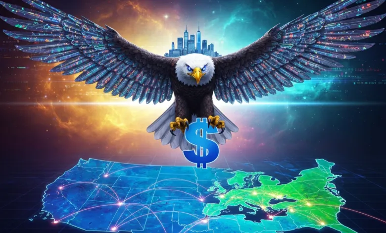 Digital eagle with city skyline, dollar sign, and map of USA and Europe.
