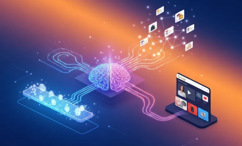 Isometric illustration of AI brain connected to e-commerce data and a website interface.