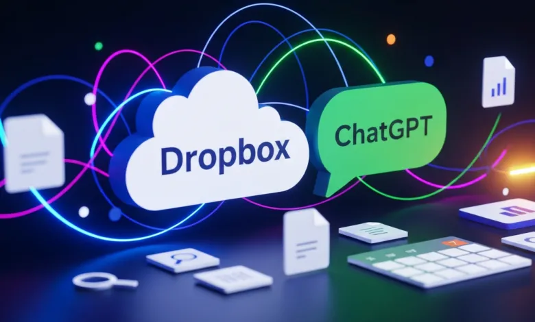 Dropbox and ChatGPT logos with neon lines and document icons on a dark background.