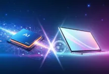 AI chip connected to laptop via circuit board design and light beams.