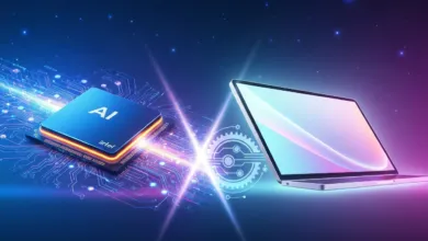 AI chip connected to laptop via circuit board design and light beams.