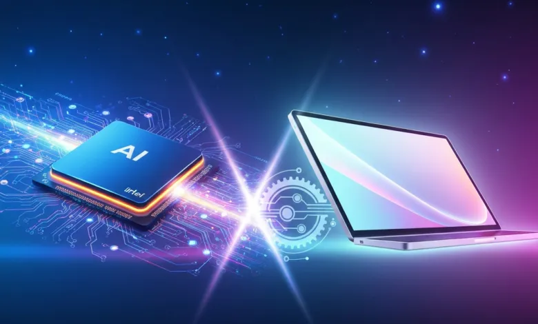 AI chip connected to laptop via circuit board design and light beams.