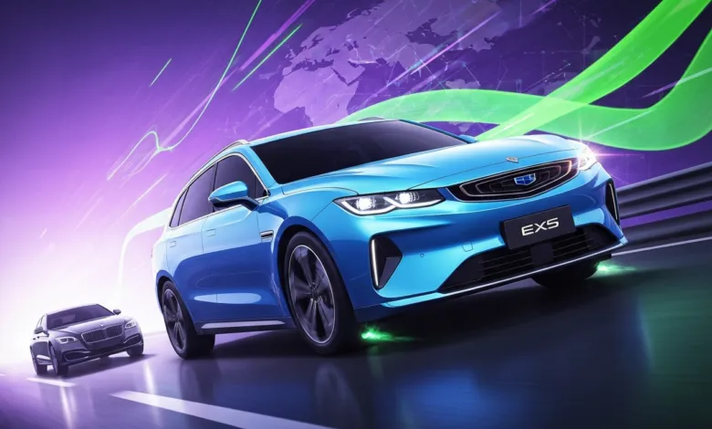 Blue Geely EXS electric car on a futuristic road with another car in the background.