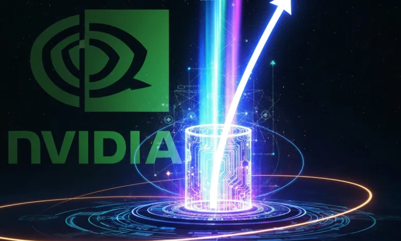 NVIDIA logo with upward arrow and futuristic circuit design.