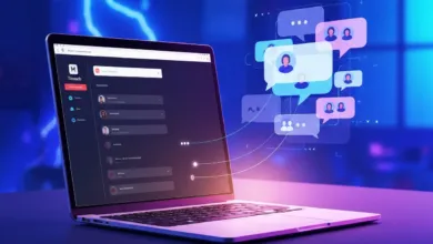 Laptop displaying a social media interface with chat bubbles.