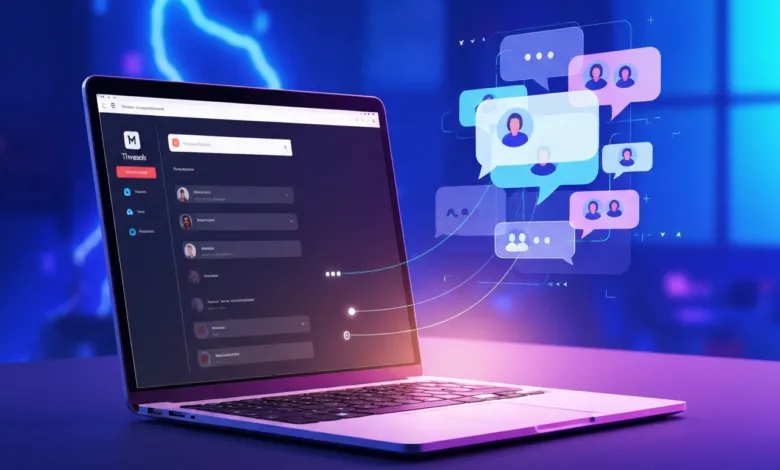 Laptop displaying a social media interface with chat bubbles.