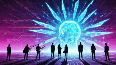 Silhouetted figures stand before a glowing AI head on a digital landscape.