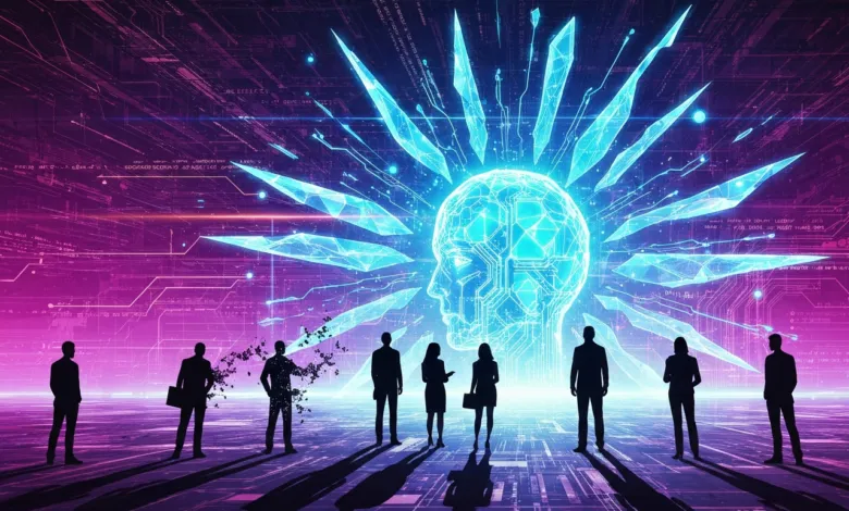 Silhouetted figures stand before a glowing AI head on a digital landscape.