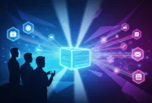 Silhouetted figures view glowing data cube with connected icons.