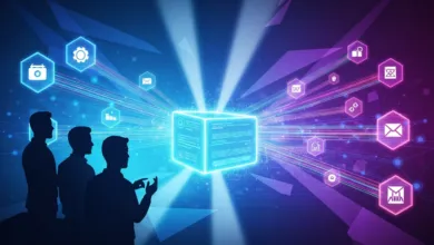 Silhouetted figures view glowing data cube with connected icons.