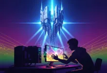 Person interacts with glowing computer screen under futuristic structure.