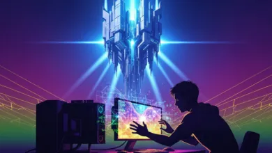Person interacts with glowing computer screen under futuristic structure.