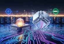 Futuristic tech landscape with chips, data cubes, and city skyline.