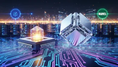 Futuristic tech landscape with chips, data cubes, and city skyline.