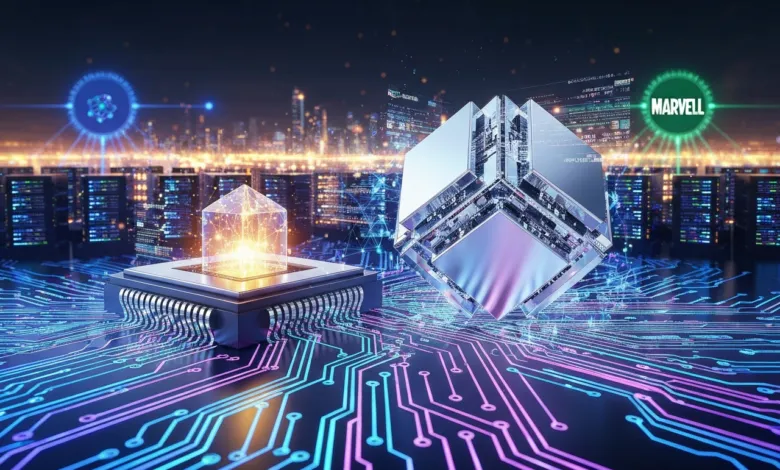Futuristic tech landscape with chips, data cubes, and city skyline.