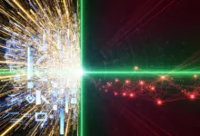 Abstract digital art with glowing lines and network connections.