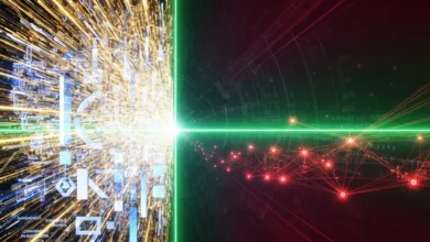 Abstract digital art with glowing lines and network connections.