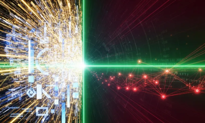 Abstract digital art with glowing lines and network connections.