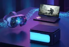 VR headset, gaming laptop, and console with AI graphics on a purple surface.