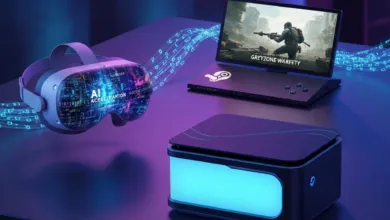 VR headset, gaming laptop, and console with AI graphics on a purple surface.
