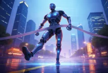 Futuristic robot runner breaks finish line tape in city marathon.