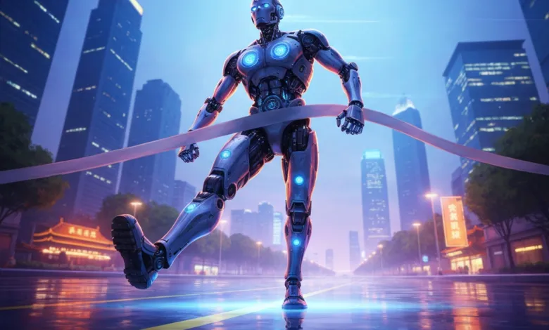 Futuristic robot runner breaks finish line tape in city marathon.